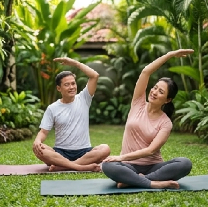 Tình duyên tuổi Thìn năm 2027: Chi tiết hỷ sự và phong thủy 6 Cặp vợ chồng trung niên đang cùng nhau tập yoga nhẹ nhàng trong không gian vườn xanh mát