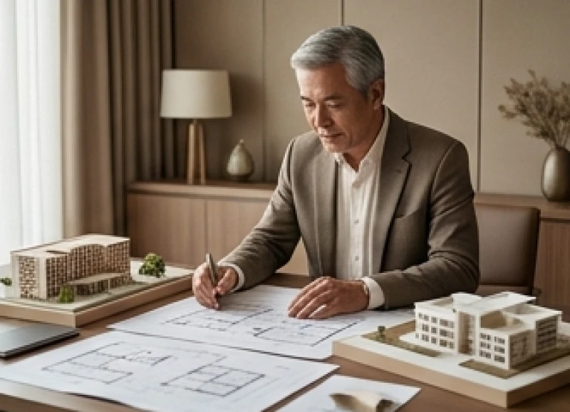 Tuổi Thìn hợp nghề gì: Định hướng sự nghiệp và chức danh cụ thể 6 Doanh nhân tuổi Bính Thìn 1976 đang xem xét bản vẽ quy hoạch dự án đầu tư bất động sản