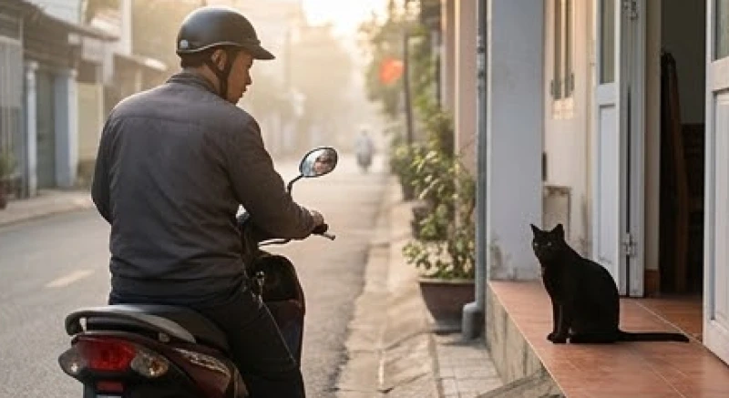 Sáng sớm gặp mèo đen là điềm gì: Giải mã theo giờ và mẹo xả xui 2 Người đi đường mỉm cười nhẹ nhàng khi bắt gặp một chú mèo đen đang ngồi bên hiên nhà