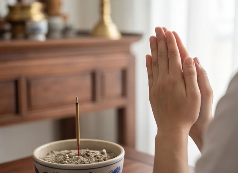 Người hành lễ chắp tay thành tâm đứng trước bàn thờ khi bắt gặp hiện tượng thắp hương bị tắt