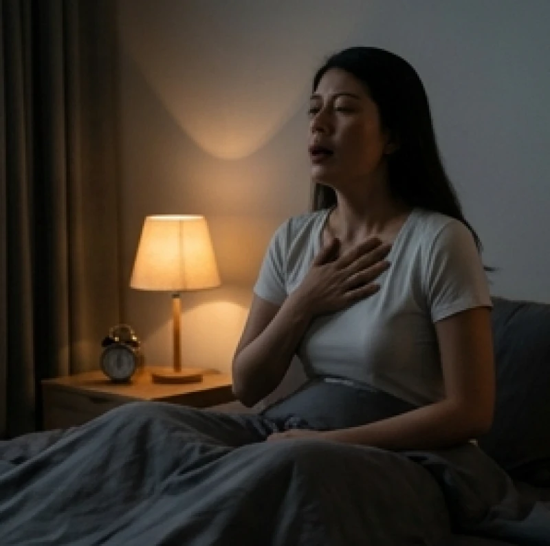 Mơ thấy bị giết hại: Ý nghĩa tâm lý & mẹo hóa giải điềm xấu 1 Phụ nữ ngồi trên giường vuốt ngực thở sâu sau cơn ác mộng thấy mình bị sát hại