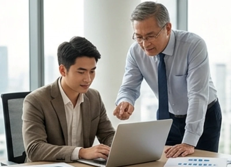 Lập trình viên trẻ tuổi làm việc trên máy tính xách tay bên cạnh người quản lý dự án