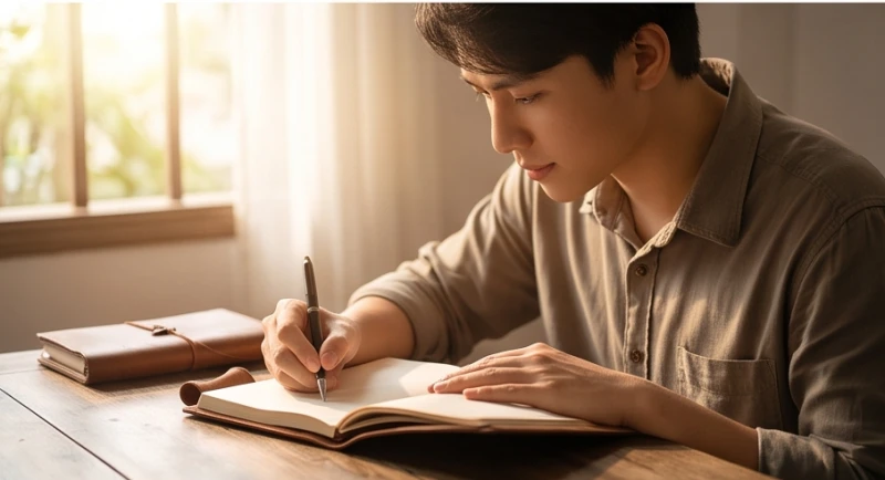 Người trẻ tuổi ngồi suy tư ghi chép vào cuốn sổ tay dưới ánh nắng ban mai nhẹ nhàng