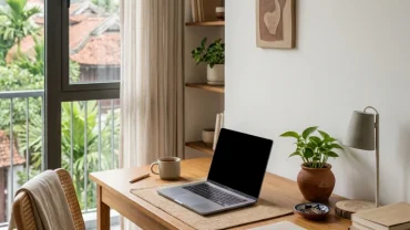 Không gian làm việc tối giản với tông màu nâu đỏ phong thủy dành cho người mệnh thổ bính tuất