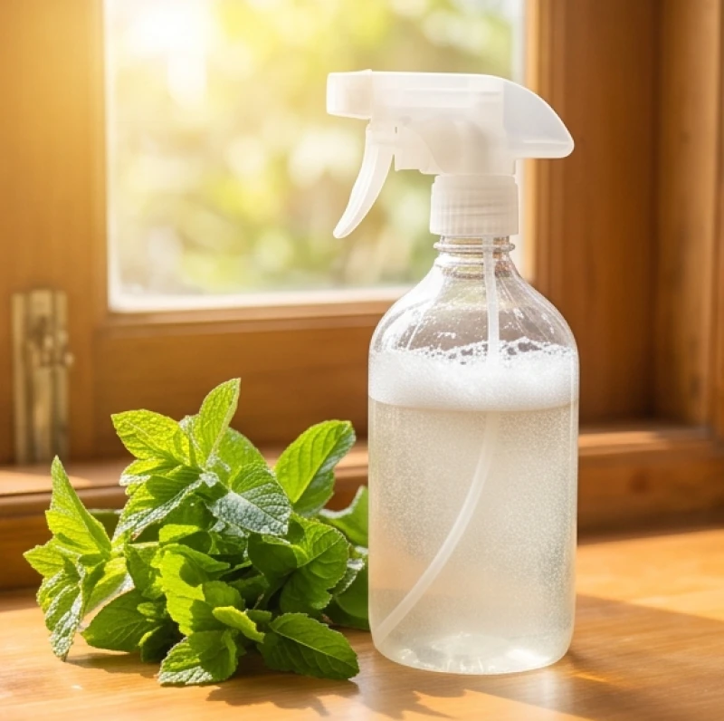 Bình xịt phun sương chứa dung dịch tinh dầu bạc hà đặt cạnh cửa sổ kính