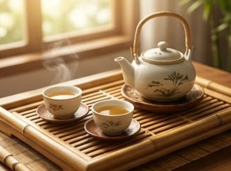 Bộ trà cụ bằng gốm sứ truyền thống tinh tế đặt trên bàn trà gia đình trong không gian ấm cúng