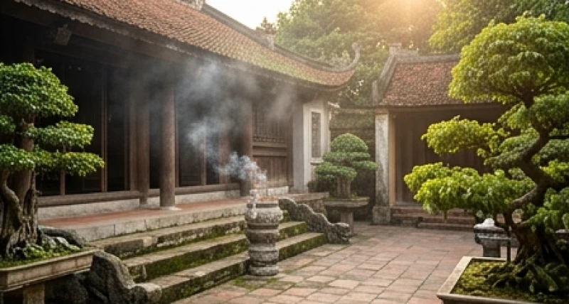 Không gian tĩnh lặng và thanh bình của một ngôi chùa với khói nhang nhẹ nhàng bay trong gió