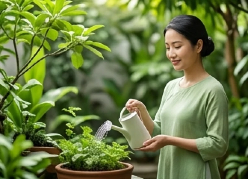 Người phụ nữ mỉm cười thư thái giữa khu vườn xanh mát mang đậm phong cách thiền định