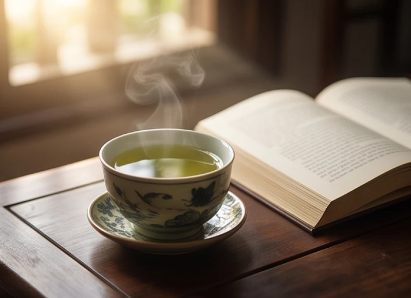 Một tách trà nóng và cuốn sách trên bàn gỗ thể hiện sự bình yên, khiêm nhường trong lối sống