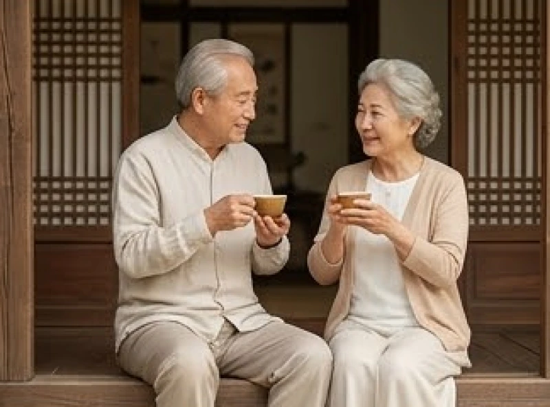 Tuổi Thìn Hợp Kết Hôn Với Tuổi Nào: Phân Biệt Nam Nữ Từng Năm Sinh 7 Cặp đôi trung niên đang ngồi thưởng trà và trò chuyện bình yên bên hiên nhà