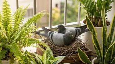 Một cặp chim bồ câu bình yên ấp trứng ngoài ban công mang năng lượng tích cực, giải đáp bồ câu làm tổ trong nhà là điềm gì.