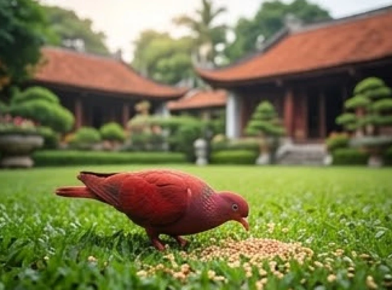 Chim bồ câu có bộ lông màu đỏ rực rỡ hiếm gặp đang nhặt hạt thóc trên thảm cỏ xanh