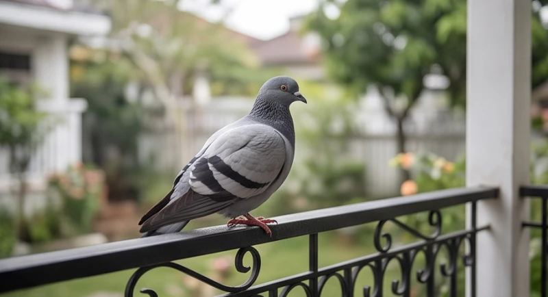 Chú chim bồ câu lông vằn xám đậu tĩnh lặng trên thanh lan can sắt ngoài hiên nhà