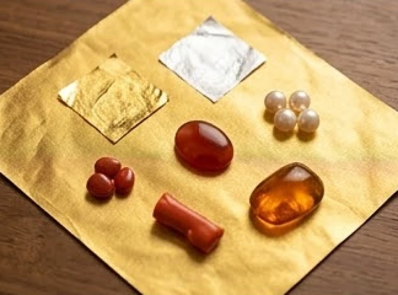 Bảy vật phẩm phong thủy trong bộ Thất Bảo gồm vàng, bạc, ngọc trai, mã não, san hô đỏ, hổ phách