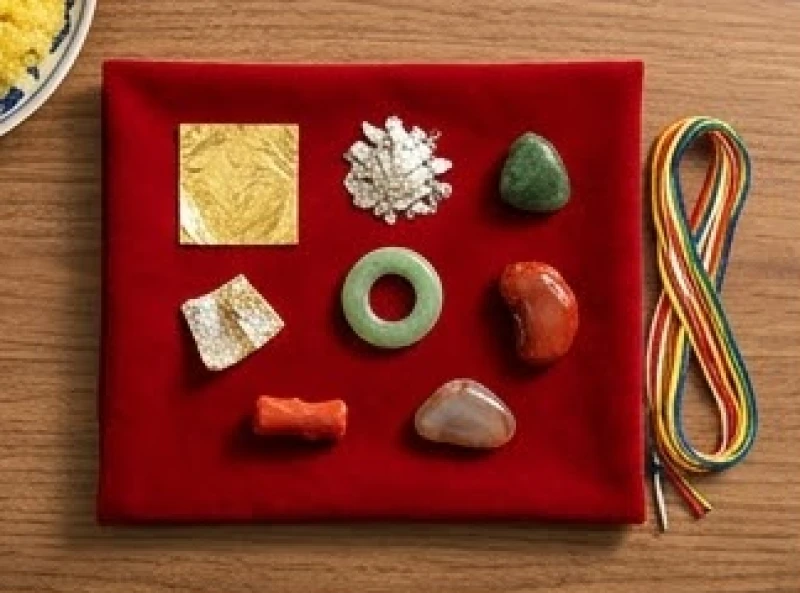 Bảy loại đá quý ngọc bích, mã não, san hô đỏ, vàng lá và bạc nguyên chất tạo thành bộ cốt thất bảo