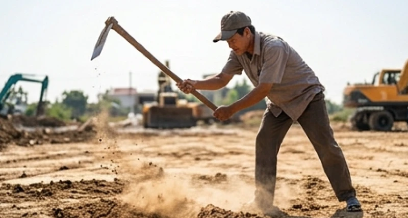 Người đàn ông dùng cuốc bổ dứt khoát xuống nền đất để chính thức bắt đầu công việc thi công