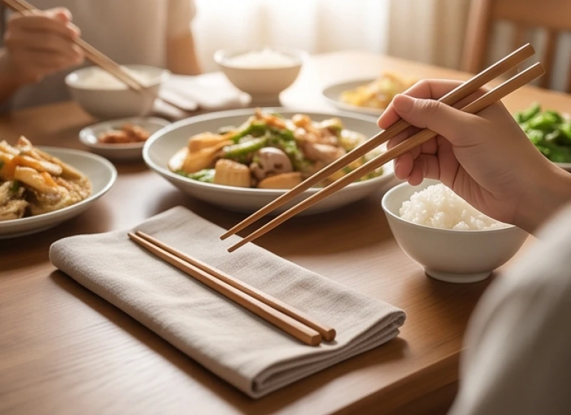 Bỏ mảnh đũa gãy sang một bên và tiếp tục sử dụng đôi đũa mới để gắp thức ăn