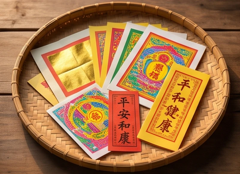 Bộ giấy tiền vàng mã cúng Thần Chăn Nuôi gồm giấy bình an và tiền âm phủ được phân loại rõ ràng trên mâm