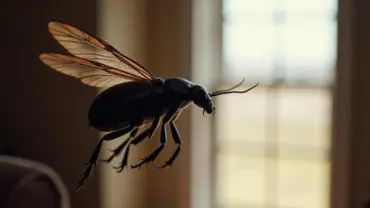 A black beetle flying into a house