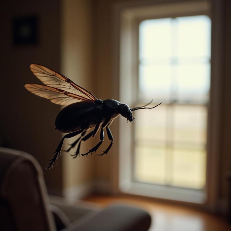 A black beetle flying into a house