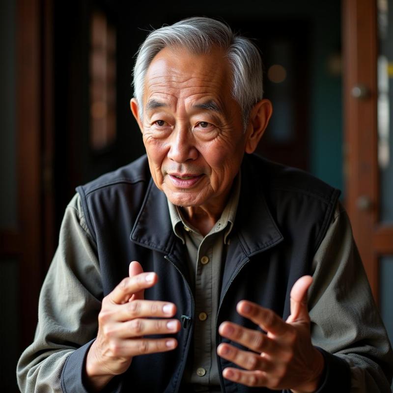 An old Vietnamese man with a white beard, wearing a traditional brown tunic, is sitting cross-legged on a wooden platform, talking about folklore.