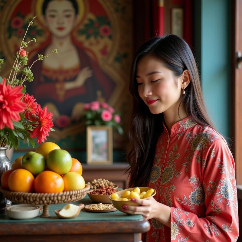 A woman is lighting incense sticks in front of a small altar inside a Vietnamese house.