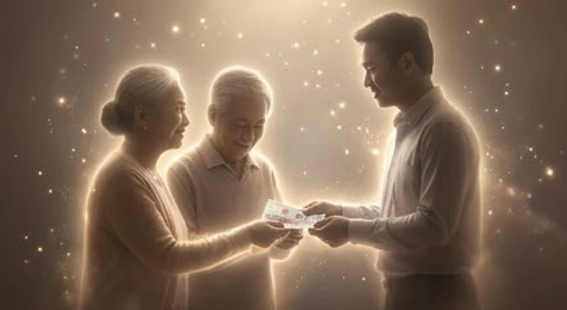 Hình bóng người cha mẹ hiền từ mỉm cười trao những tờ tiền cho con cái trong mộng