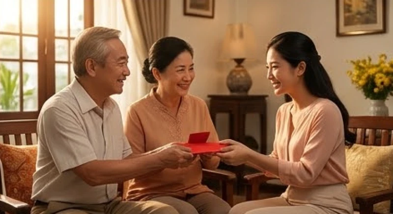 Mơ thấy chồng cho tiền: Điềm báo hôn nhân và con số may mắn 7 Bố mẹ chồng vui vẻ trao phong bao đỏ cho con dâu trong không gian phòng khách đầm ấm