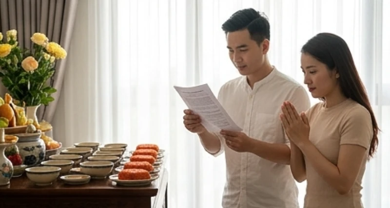 Bố mẹ chắp tay thành kính đọc bài khấn trước mâm lễ thôi nôi của con
