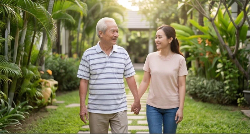 Mơ thấy người bệnh khỏe lại: Ý nghĩa điềm báo & bộ số may mắn 2 Người cha lớn tuổi tươi cười nắm tay con gái đi dạo trong khu vườn xanh mát
