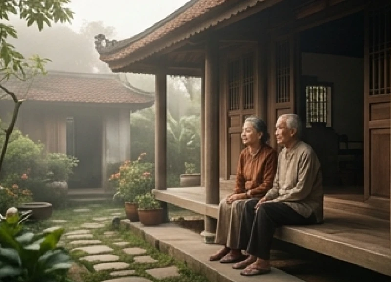 Mơ thấy bán đất: Điềm báo tài chính, tâm lý và bộ số may mắn 6 Hai người lớn tuổi ngồi trầm ngâm bên hiên nhà cổ phản ánh giấc mơ thấy bố mẹ bán đất