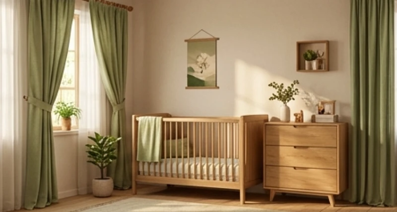 Không gian phòng ngủ em bé được trang trí êm ái với gam màu xanh lá cây và các vật dụng bằng gỗ tự nhiên