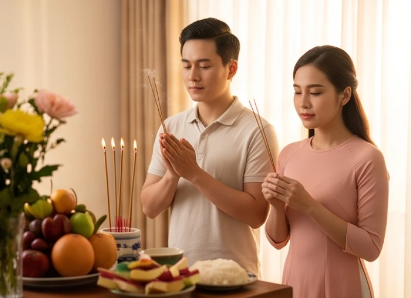 Bố mẹ chắp tay thành kính thắp hương đọc bài khấn cúng Mụ cho con