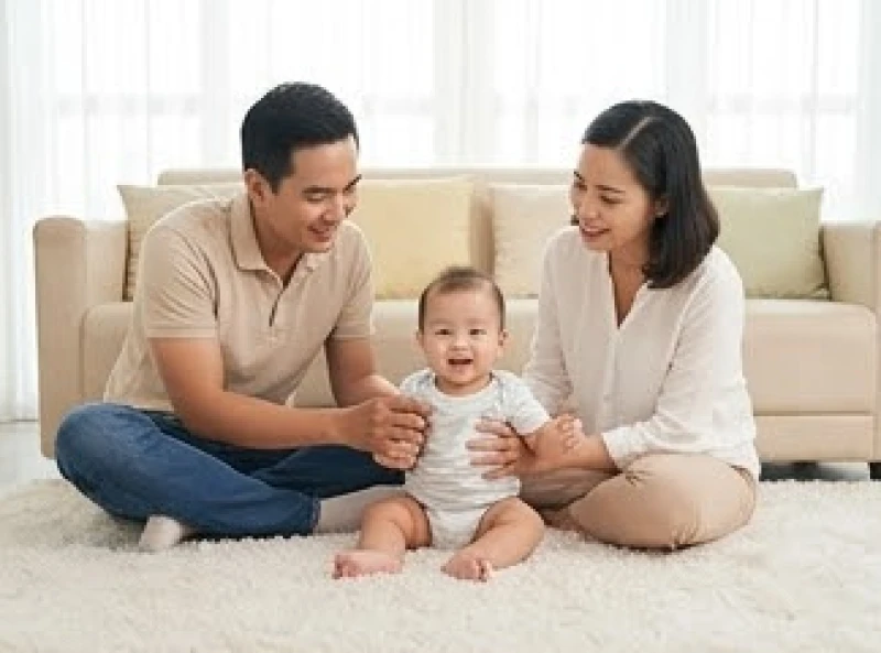 Bố mẹ tuổi Mùi vui vẻ vui đùa cùng em bé sơ sinh trong phòng khách tràn ngập ánh sáng tự nhiên