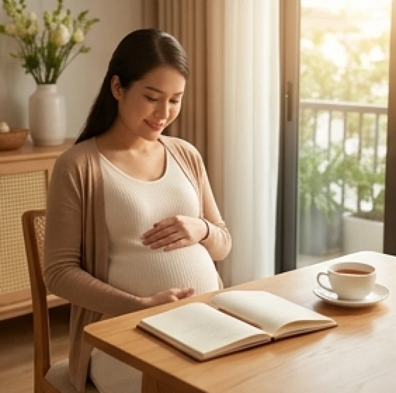 Người mẹ tuổi Ngọ đang vuốt ve bụng bầu bên cạnh cuốn sổ tay phong thủy