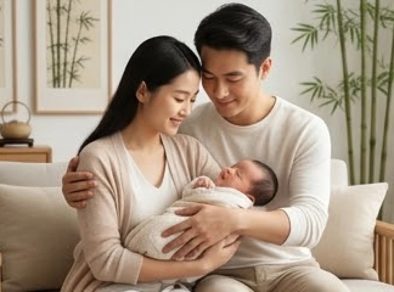 Bố mẹ tuổi Thìn tươi cười hạnh phúc âu yếm đứa con nhỏ trong không gian phòng khách mang đậm nét truyền thống ấm cúng