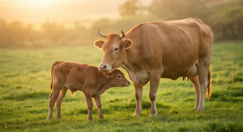 Mơ thấy bò là điềm báo gì: Giải mã chi tiết và mẹo hóa giải 3 Bò mẹ âu yếm chăm sóc chú bò con mới sinh trên thảm cỏ xanh mướt giữa khung cảnh bình yên