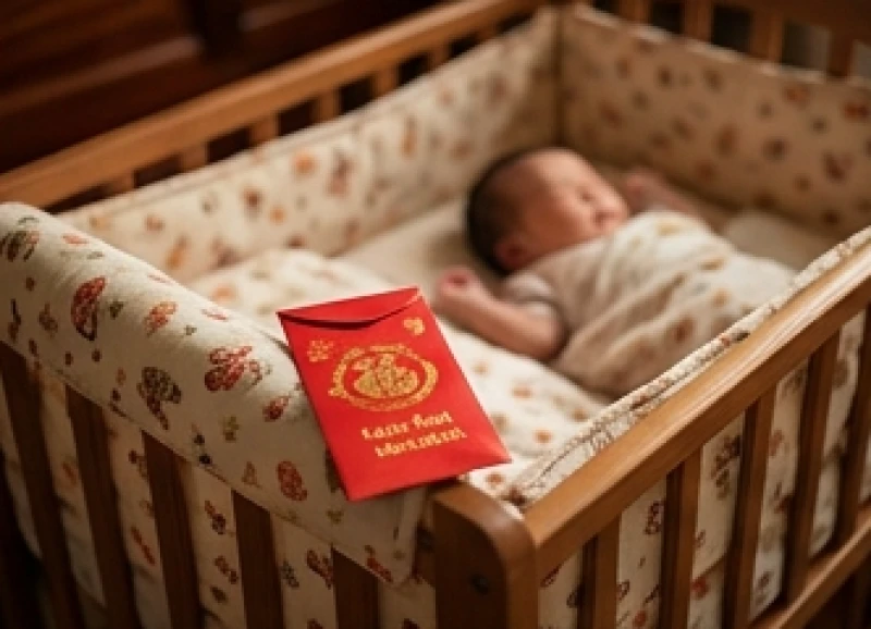 Chiếc phong bao lì xì đỏ may mắn được đặt khéo léo bên cạnh nôi em bé mang theo lời chúc tài lộc