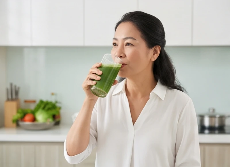 Sức khỏe tuổi Tỵ năm 2026: Phác đồ y khoa và lịch khám 5 Người phụ nữ đang uống một ly nước ép rau quả tươi để bổ sung vitamin và nội tiết tố