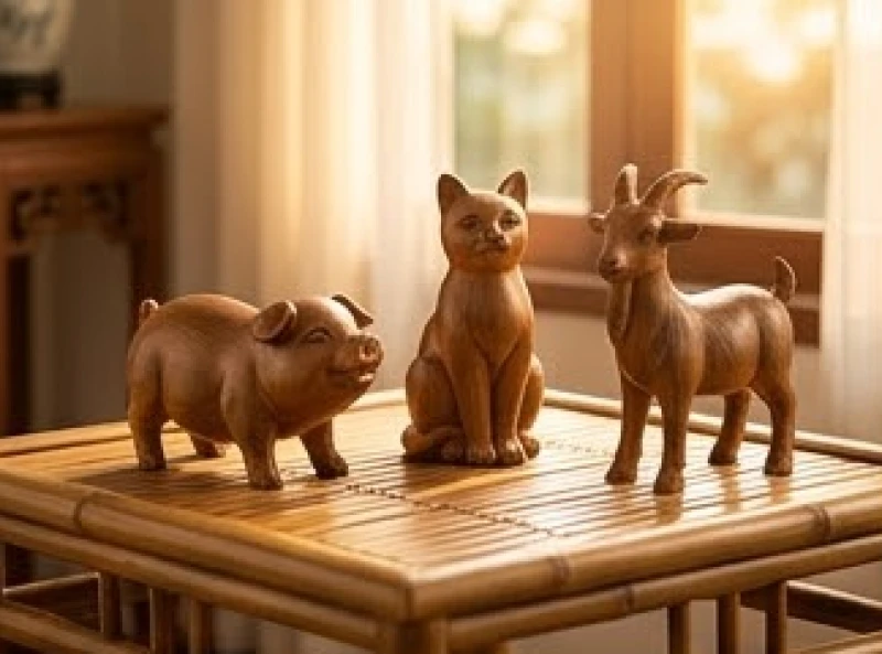 Tuổi Mão hợp kết hôn với tuổi nào: Chuẩn can chi nam nữ 1 Mô hình gỗ tạc hình heo, mèo và dê tượng trưng cho bộ tam hợp Hợi Mão Mùi mang lại may mắn.