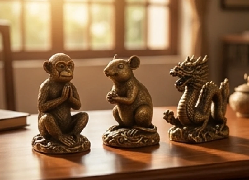 Tam hợp tuổi Tý: Đối chiếu nạp âm và cách hóa giải Tam tai 1 Ba linh vật khỉ, chuột, rồng tượng trưng cho tam hợp tuổi tý được đặt trang trọng trên bàn làm việc