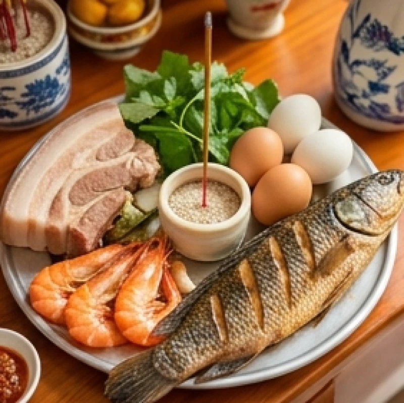 Mâm lễ mặn cúng vía Thần Tài gồm bộ tam sên và cá lóc nướng trui giữ nguyên vảy và đuôi