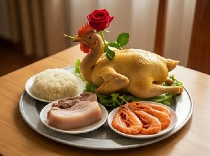 Mâm cúng mặn với gà trống luộc ngậm hoa hồng và bộ tam sên dâng lễ