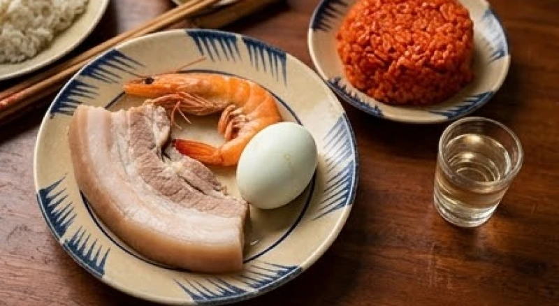 Đĩa lễ vật bộ Tam sên gồm thịt lợn luộc, tôm luộc và trứng vịt luộc được bày biện đẹp mắt trên mâm cúng động thổ