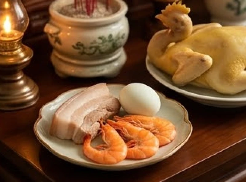 Đĩa tam sên gồm thịt luộc, tôm và trứng đặt cạnh mâm cúng mặn tạ ơn Bà Bổn Mạng