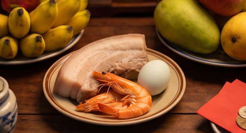 Mâm lễ cúng với đầy đủ bộ tam sên, ngũ quả tươi tắn, nhang đèn và trầu cau chuẩn bị cho nghi thức