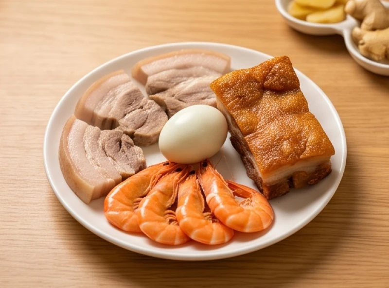 Bộ tam sên truyền thống và đĩa thịt heo quay vàng rụm được bày biện đẹp mắt trên mâm cúng