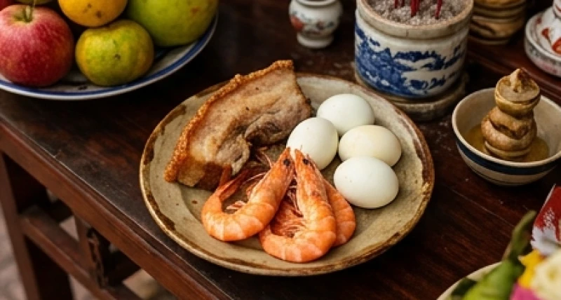 Bộ Tam sên gồm miếng thịt heo quay giòn rụm, tôm sú luộc và trứng luộc để dâng lên Thần Tài