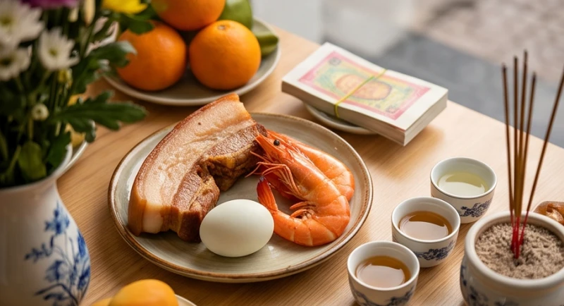 Bộ tam sên gồm thịt heo, tôm và trứng vịt luộc dâng lên ban Thần Tài