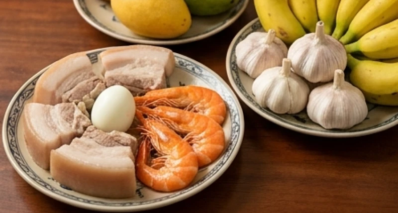 Văn khấn thần linh rằm tháng 7: bài cúng chuẩn tại nhà, cửa hàng 7 Đĩa tam sên gồm thịt ba chỉ, tôm và trứng luộc được dâng lên ban Thổ Địa cùng tỏi và các loại trái cây tươi